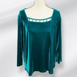 Quaker Factory Teal Velvet Square Neck Embellished Long Sleeve Top Plus Size L